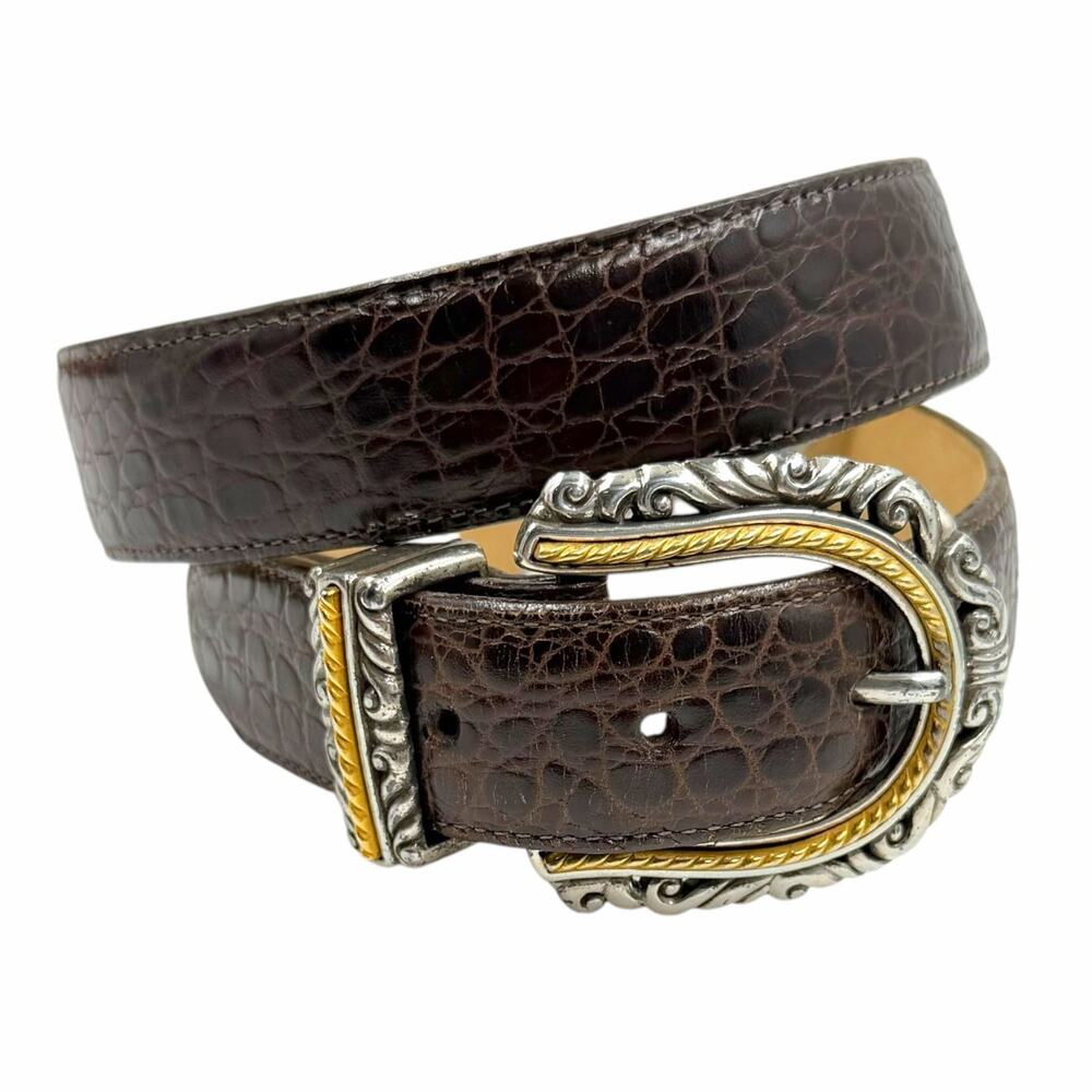 VTG 90s Brighton Two Tone Cameo Concho Brown Croc Leather Western Belt Size M